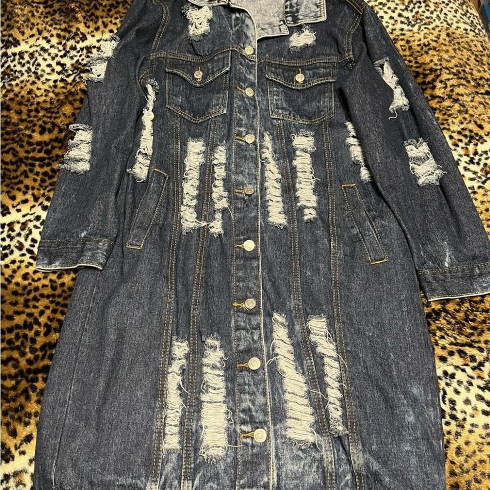 Thrill Distressed Denim Long Jacket size M